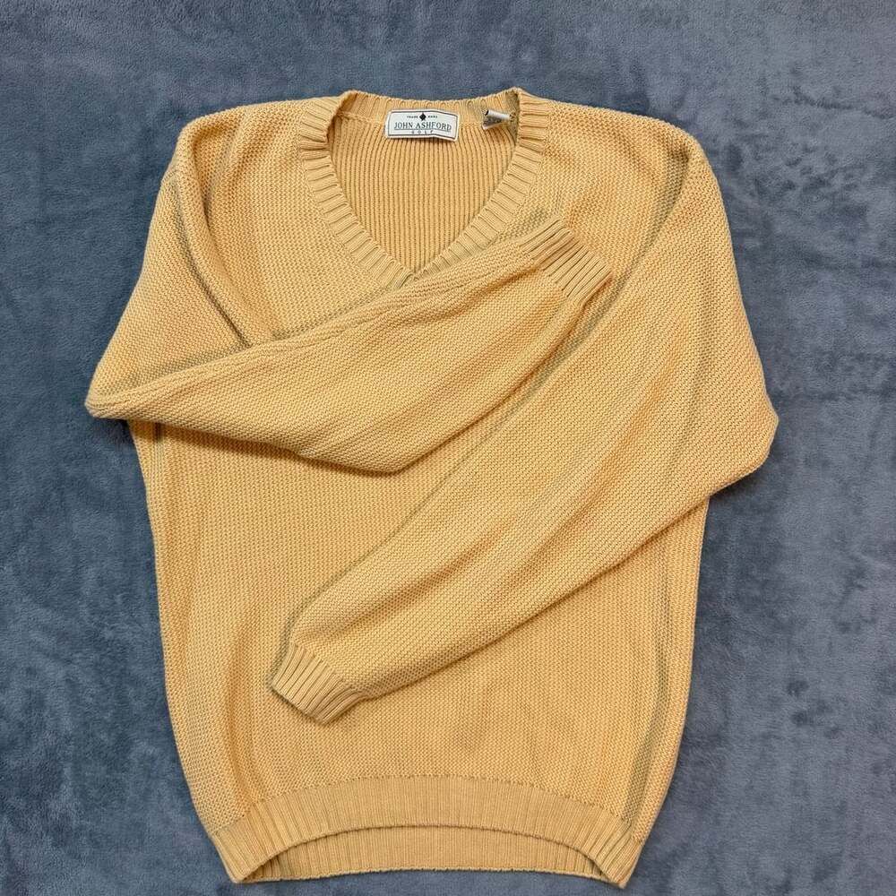 Large John Ashford Golf Sweater Size L Yellow Cotton V Neck Pullover